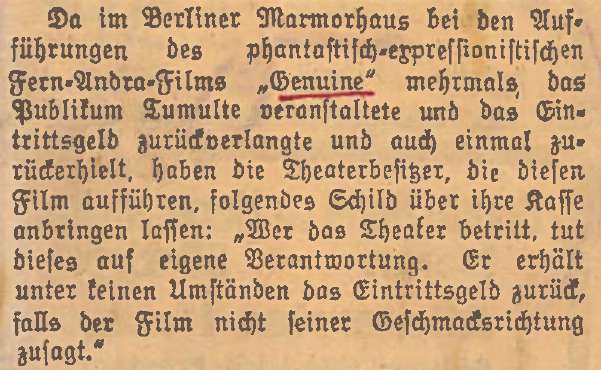 Newspaper clipping set in Fraktur type, reporting the notice the Marmorhaus posted over its box office during screenings of Genuine