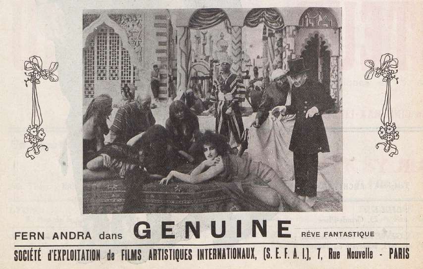 French trade-paper advertisement showing a still of Fern Andra reclining among robed figures on a patterned set, captioned FERN ANDRA dans GENUINE, reve fantastique, for S.E.F.A.I. Paris