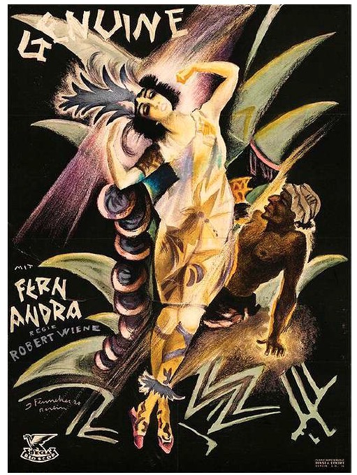 Poster for Genuine, the title hand-lettered in jagged white capitals across the top of a black ground: a pastel-drawn woman in a pale patterned robe, dark hair fanning out behind her, arches back against a coiled snake-like column while a hunched figure in a turban crouches at the lower right amid green fronds and angular strokes. Lettered at the left, MIT FERN ANDRA, REGIE ROBERT WIENE