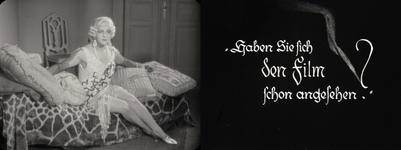 Two frames from Moral side by side: at left Ninon reclines on a chaise longue in a beaded, fringed evening gown; at right a hand-lettered intertitle reads "Haben Sie sich den Film schon angesehen?"