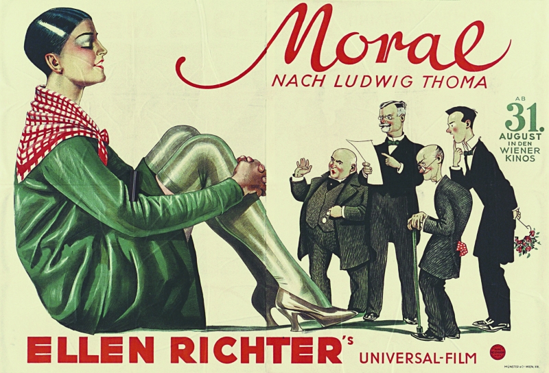 Viennese release poster for Moral (1928): Ellen Richter in a green coat and red-checked scarf reclining with her knees drawn up, facing four caricatured men in evening dress, under the title Moral nach Ludwig Thoma
