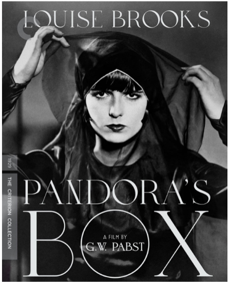 Criterion Collection cover for Pandora's Box: a black-and-white portrait of Louise Brooks in a dark veil, hands raised to hold it open around her face.