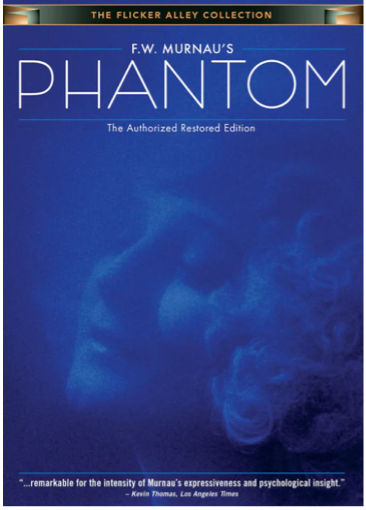 Flicker Alley cover for F. W. Murnau's Phantom: a dark blue-toned photo of a man's face beside a ghostly female profile and drifting smoke.